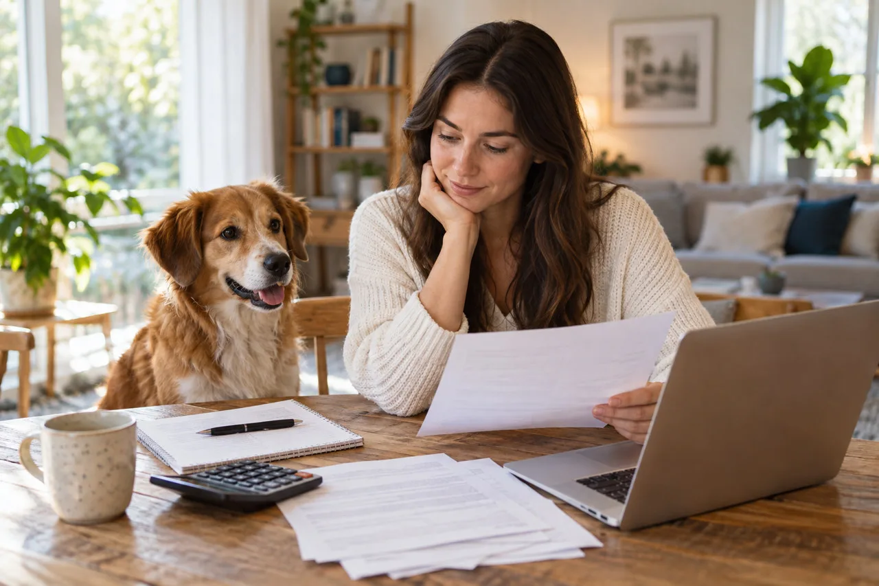 Owner studying paperwork beside a dog and laptop